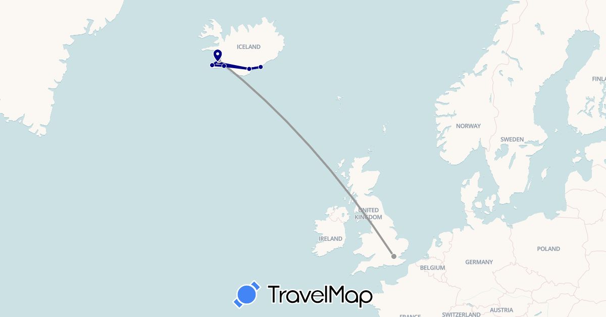 TravelMap itinerary: driving, plane in United Kingdom, Iceland (Europe)