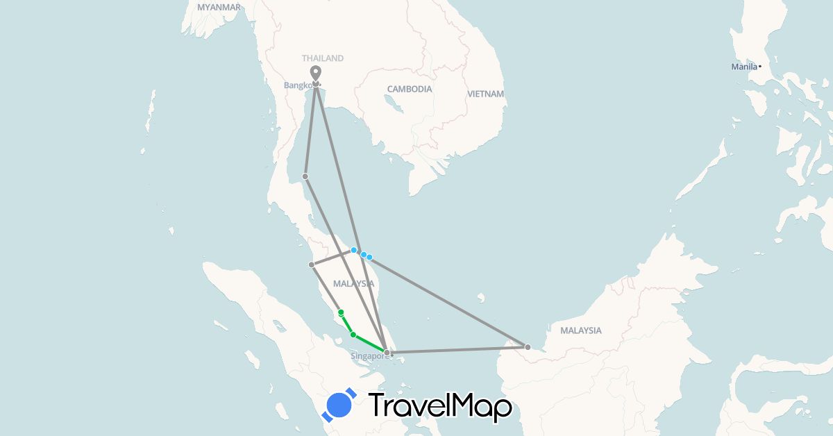 TravelMap itinerary: driving, bus, plane, boat in Malaysia, Singapore, Thailand (Asia)